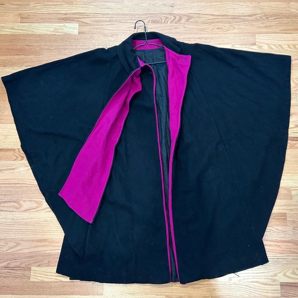 Vintage 100% wool cape - black with magenta trim by Anglo Fabrics